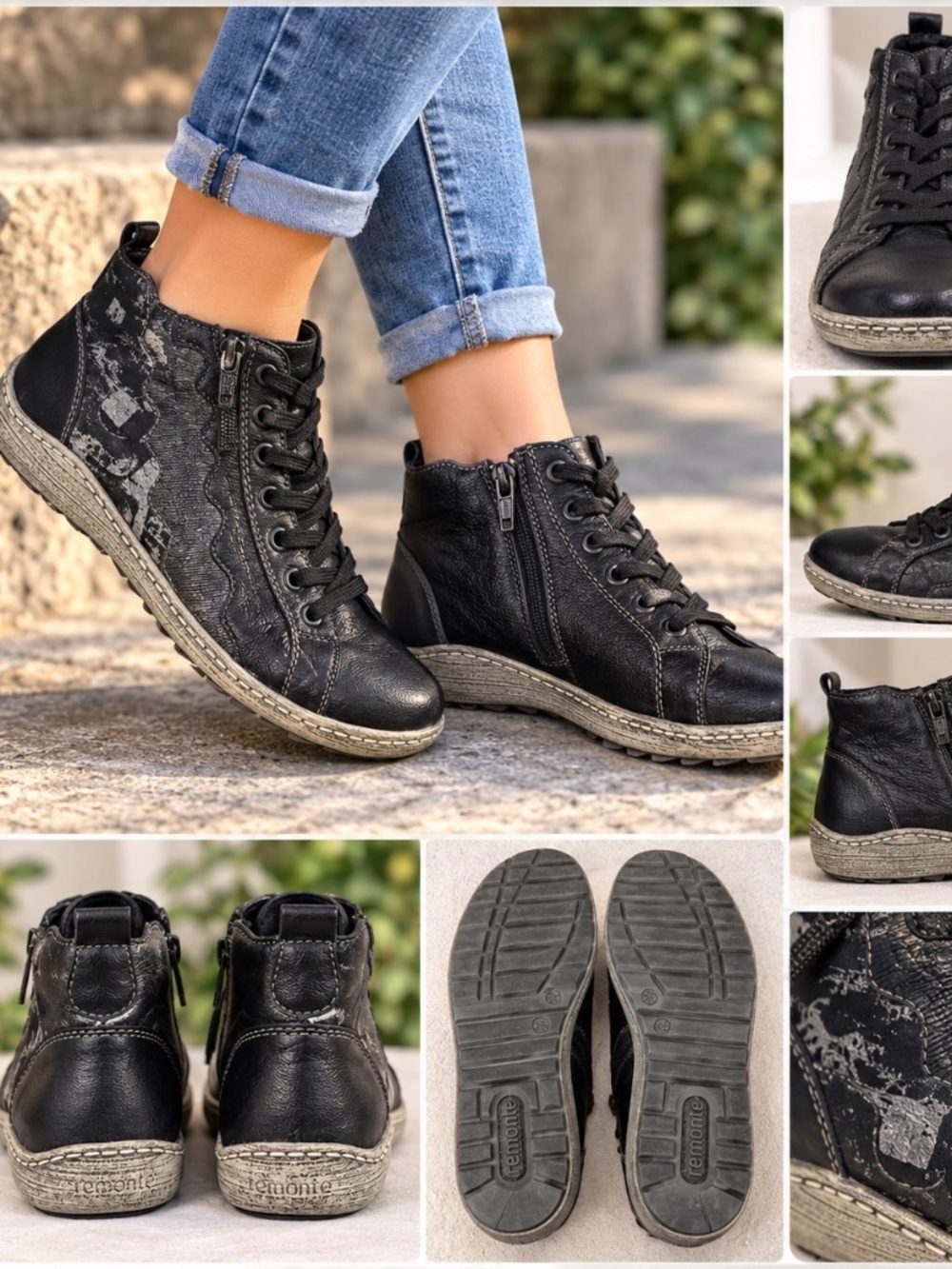 Remonte High Top Sneakers Womens Size 36 (6) Black Leather Comfort Y2K
